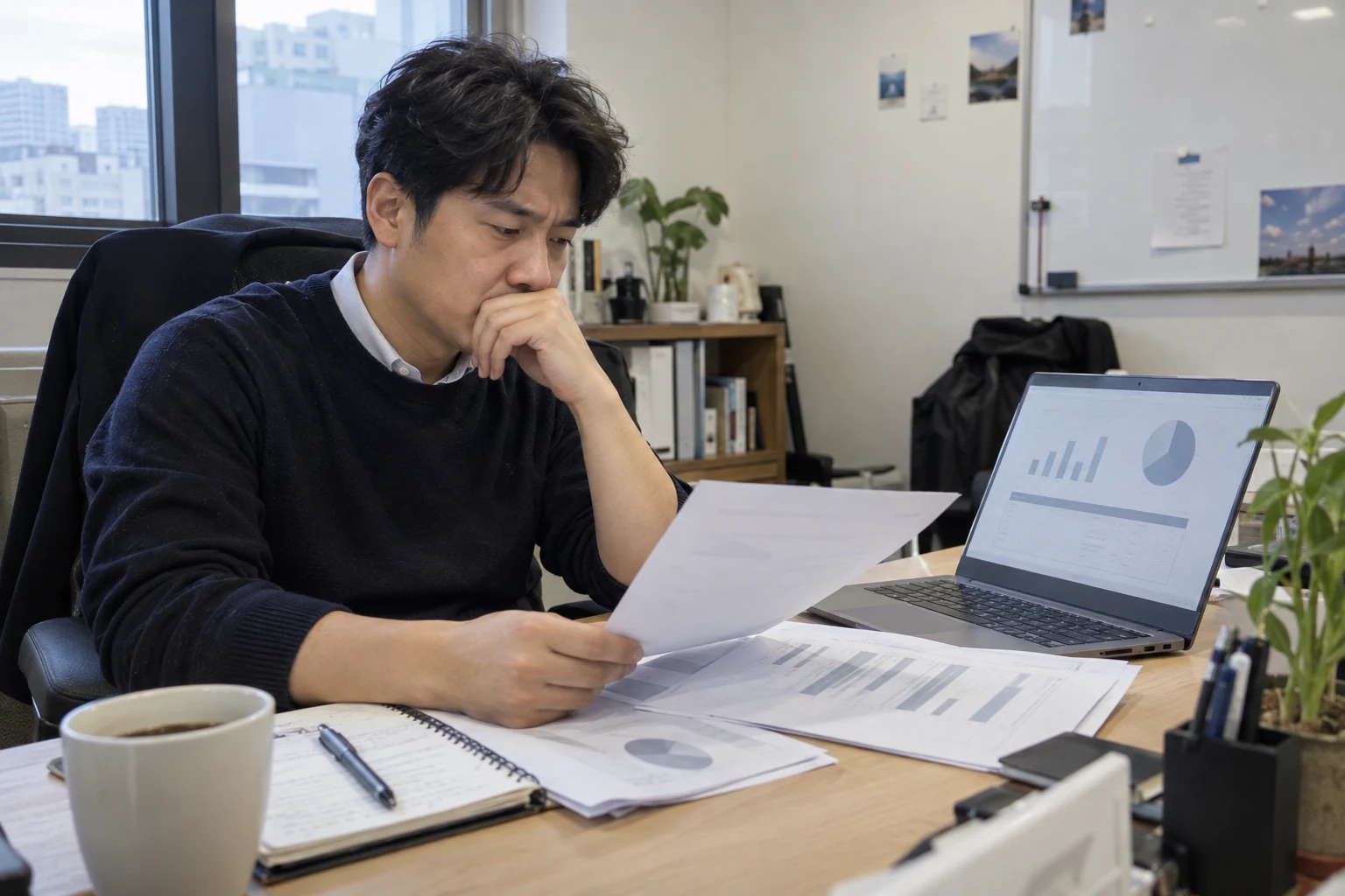 이전 마케팅 보고서와 노트북을 함께 검토하는 B2B 업체 담당자