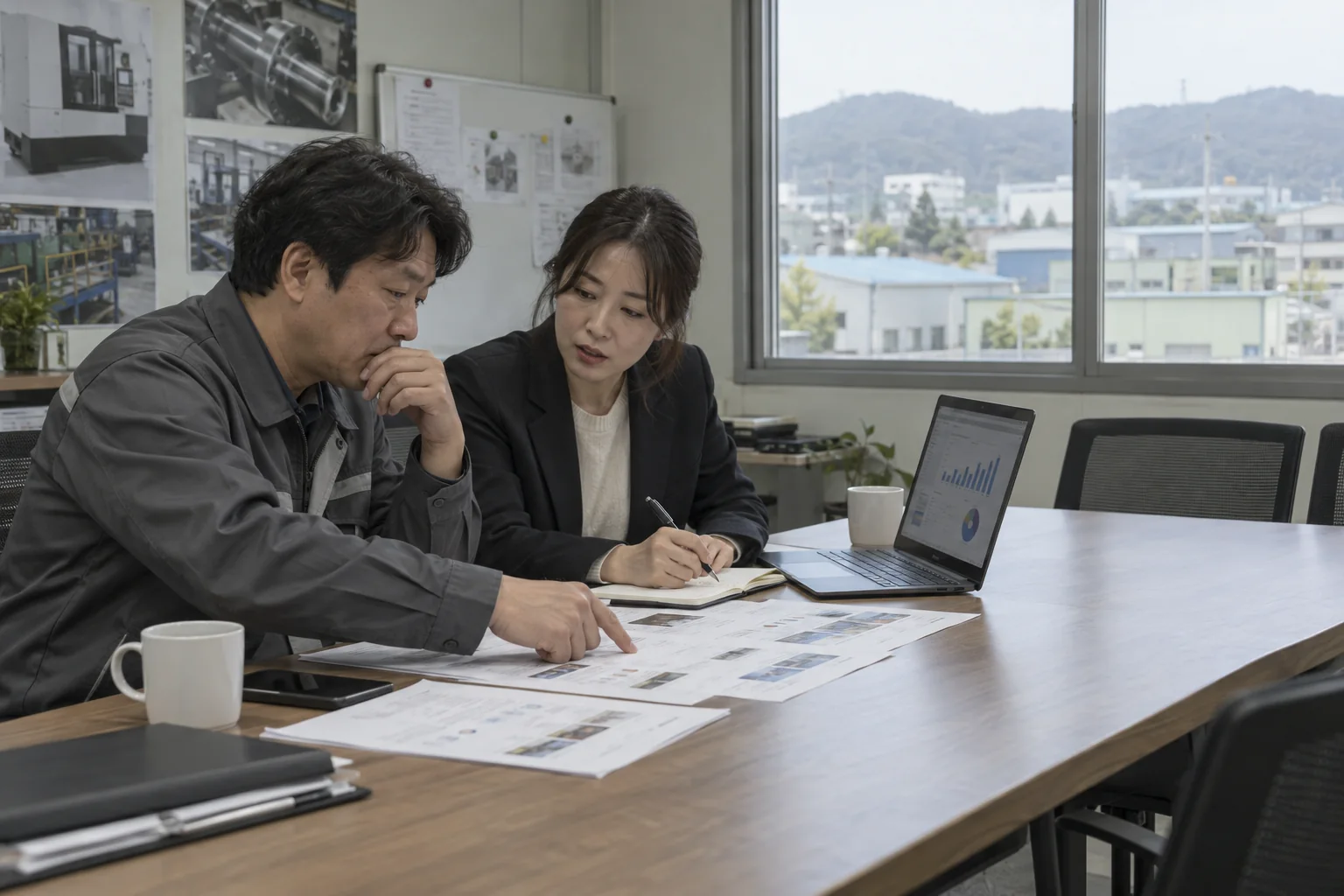 외곽 산업단지 사무실에서 검색 결과와 마케팅 자료를 검토하는 미팅