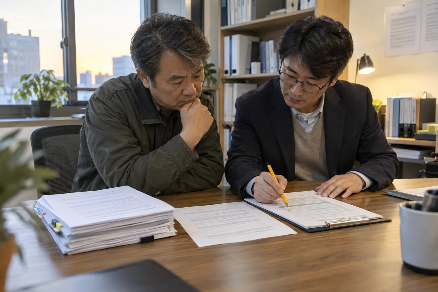 근로자와 노무 상담 담당자가 공단 문서와 기존 제출자료를 비교하는 모습