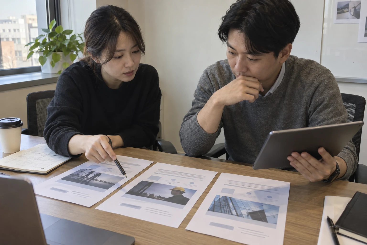 산재 사건별 랜딩페이지 초안을 비교하며 내용을 정리하는 모습