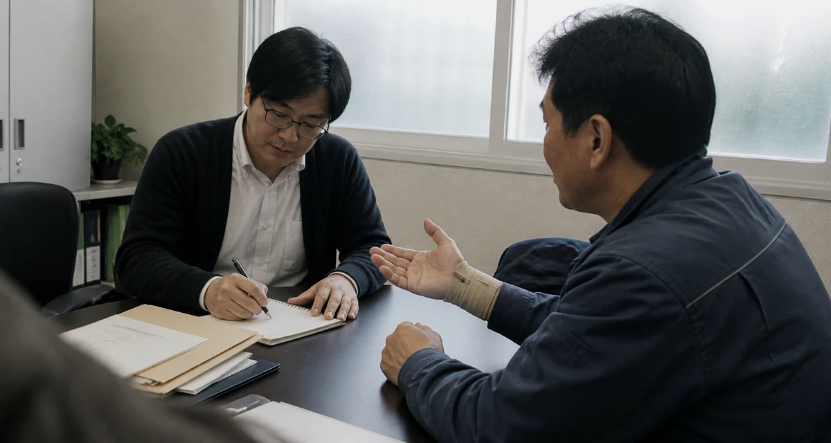 손목 보호대를 착용한 근로자와 상담 기록을 작성하는 노무사