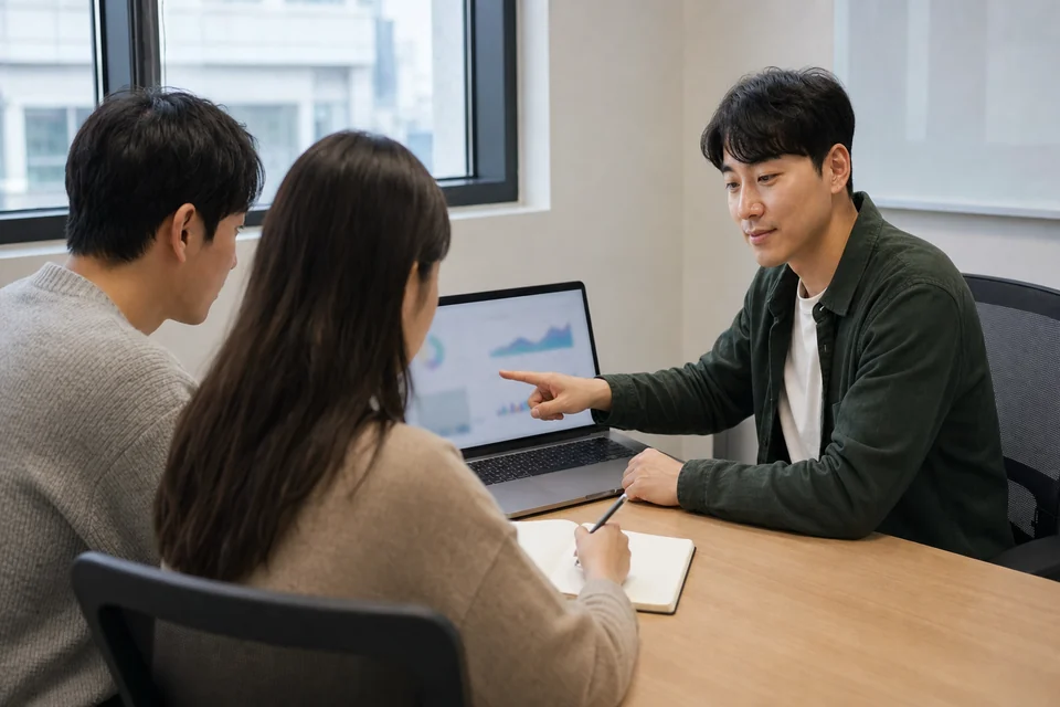 고객 2명과 검색 지표를 확인하는 마케터의 미팅 장면